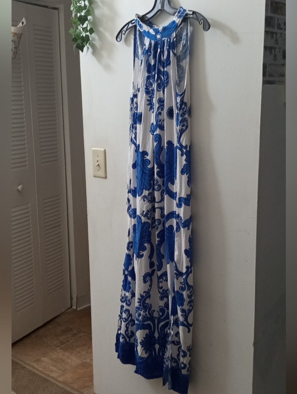 1. State Blue and White Printed Halter Maxi Dress